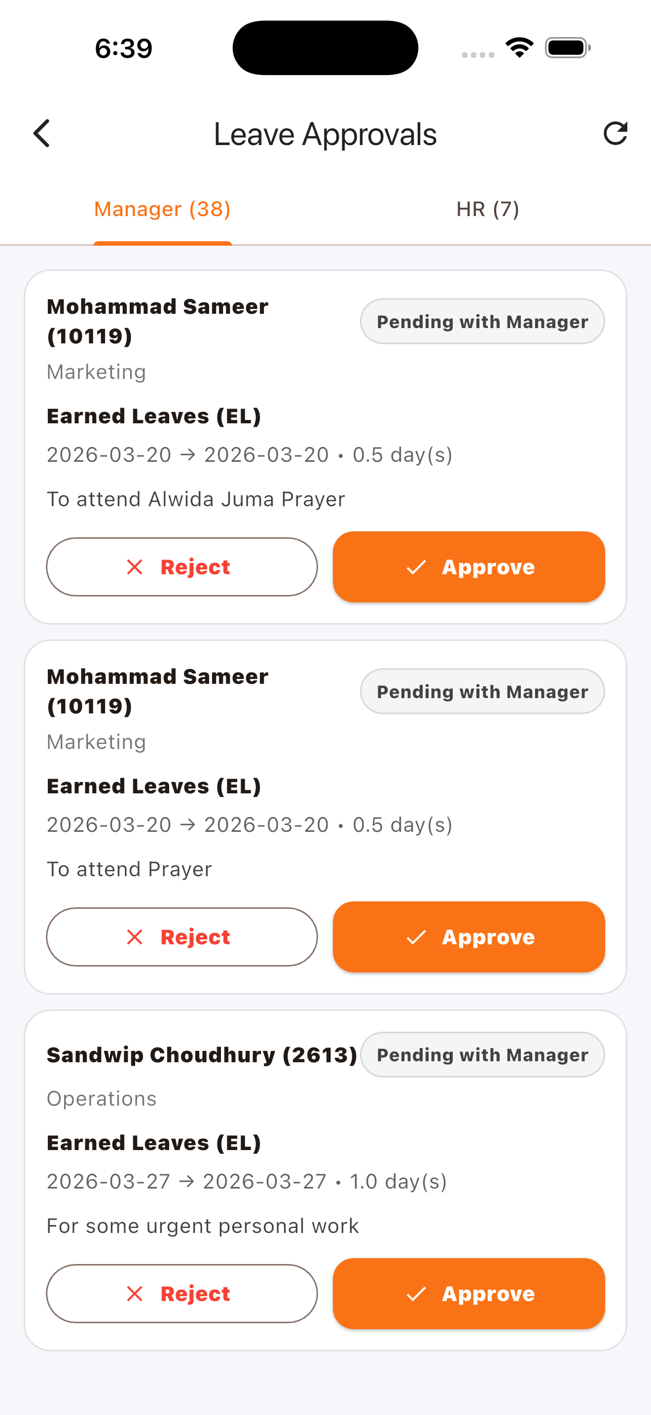 HRSoft mobile leave approvals screen